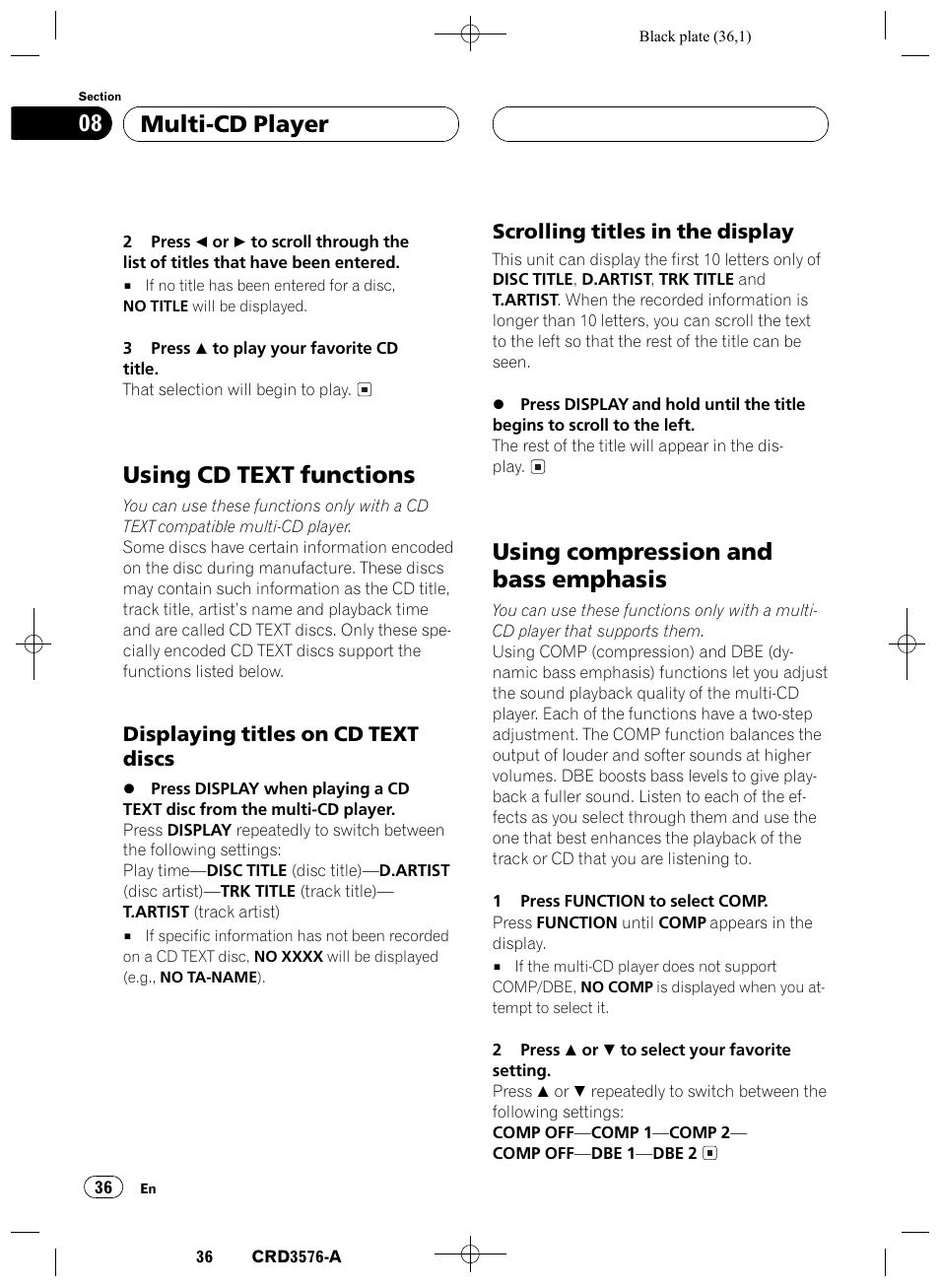 Using cd text functions 36, Displaying titles on cd text, Discs 36 | Scrolling titles in the display 36, Using compression and bass emphasis 36, Using cd text functions, Using compression and bass emphasis, Multi-cd player 08, Displaying titles on cd text discs, Scrolling titles in the display | Pioneer FH-P4100R User Manual | Page 36 / 168