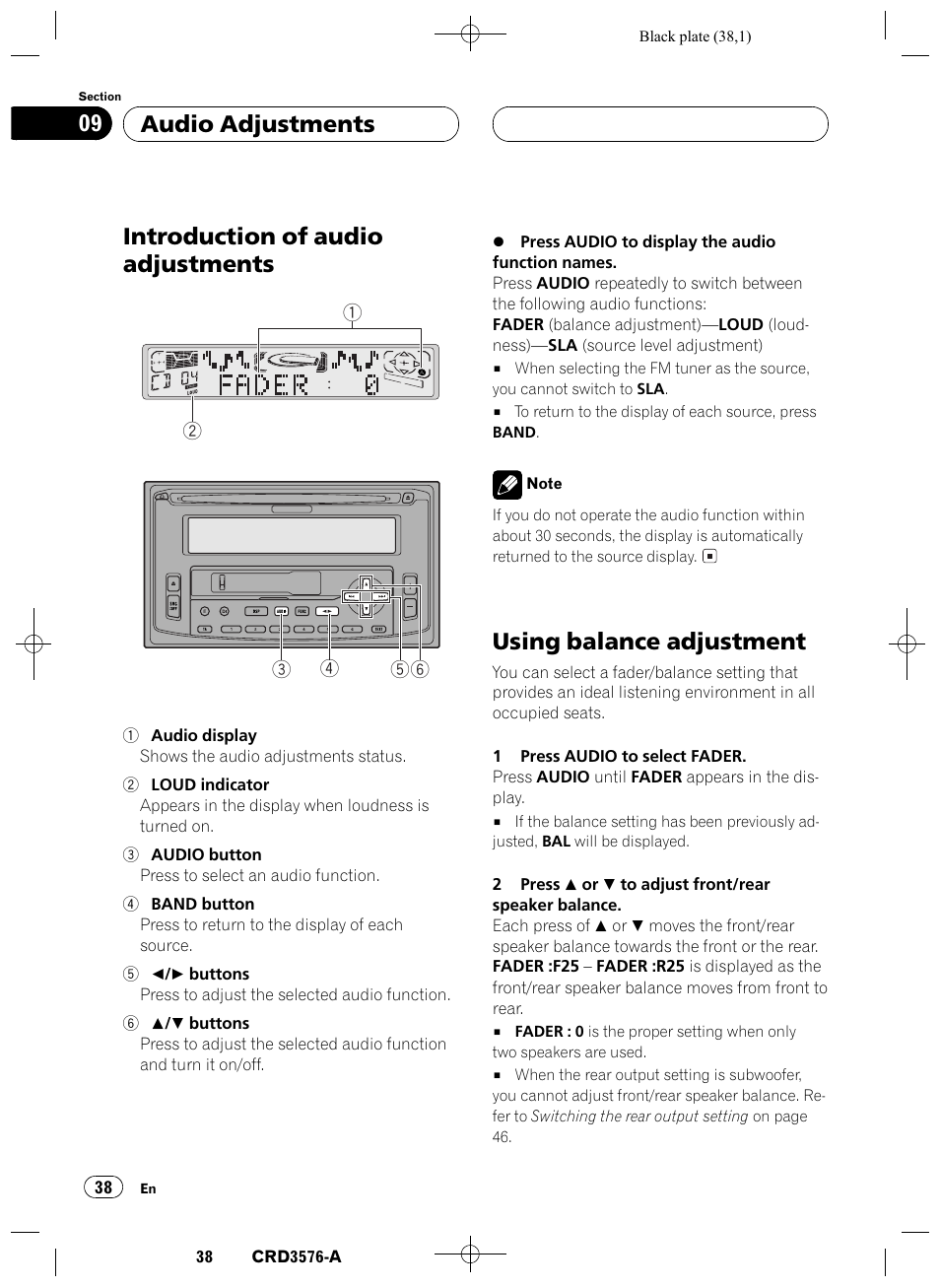 Audio adjustments, Introduction of audio adjustments 38, Using balance adjustment 38 | Introduction of audio adjustments, Using balance adjustment, Audio adjustments 09 | Pioneer FH-P4100R User Manual | Page 38 / 168