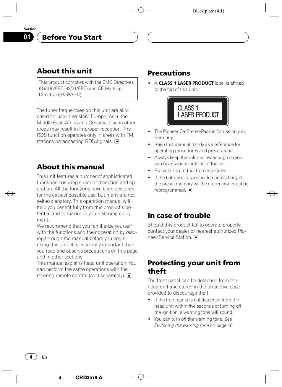 Before you start, About this unit 4, About this manual 4 | Precautions 4, In case of trouble 4, Protecting your unit from theft 4, About this unit, About this manual, Precautions, Class 1 laser product | Pioneer FH-P4100R User Manual | Page 4 / 168