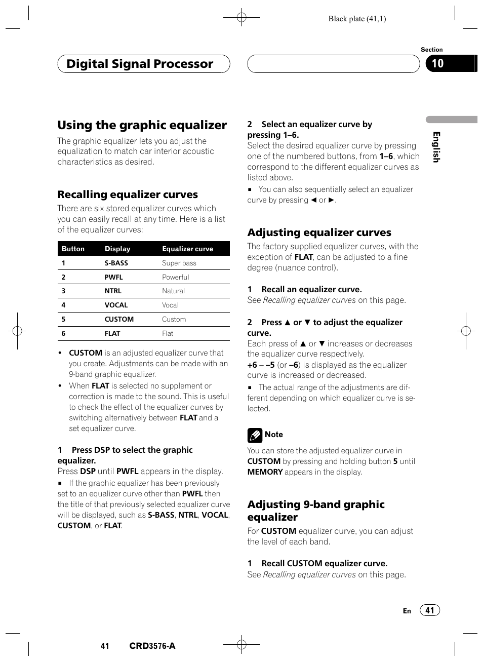 Using the graphic equalizer 41, Recalling equalizer curves 41, Adjusting equalizer curves 41 | Adjusting 9-band graphic, Equalizer 41, Using the graphic equalizer, Digital signal processor 10, Recalling equalizer curves, Adjusting equalizer curves, Adjusting 9-band graphic equalizer | Pioneer FH-P4100R User Manual | Page 41 / 168
