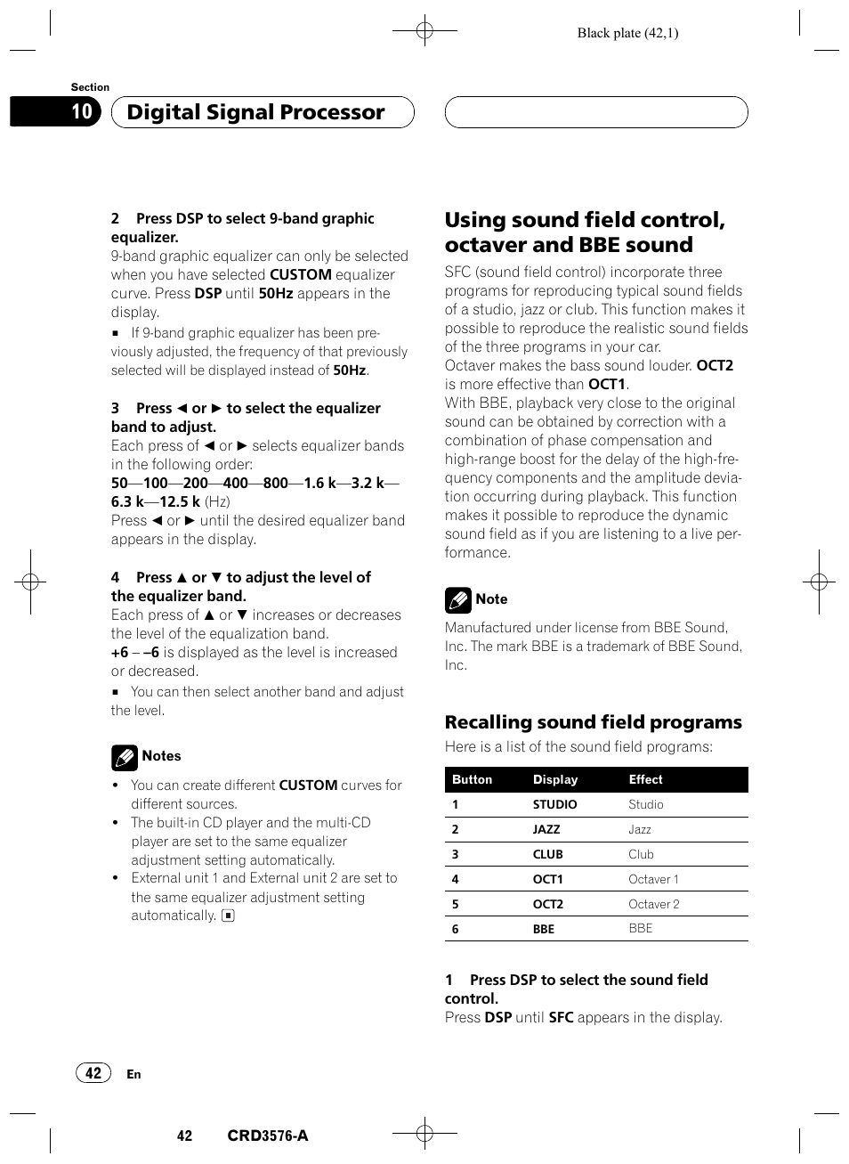 Using sound field control, octaver and bbe, Sound 42, Recalling sound field programs 42 | Using sound field control, octaver and bbe sound, Digital signal processor 10, Recalling sound field programs | Pioneer FH-P4100R User Manual | Page 42 / 168