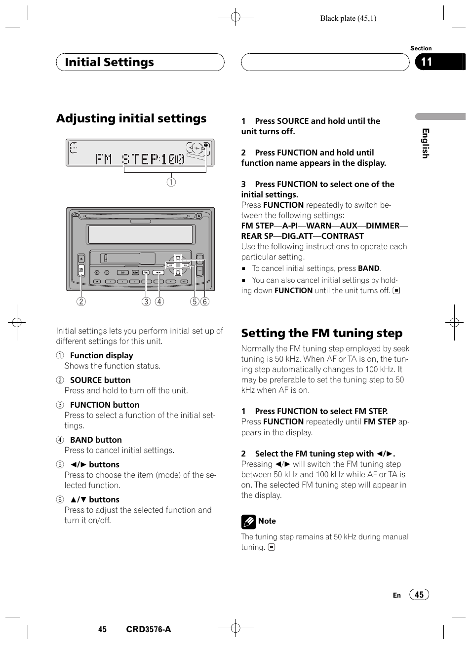 Initial settings, Adjusting initial settings 45, Setting the fm tuning step 45 | Adjusting initial settings, Setting the fm tuning step, Initial settings 11 | Pioneer FH-P4100R User Manual | Page 45 / 168