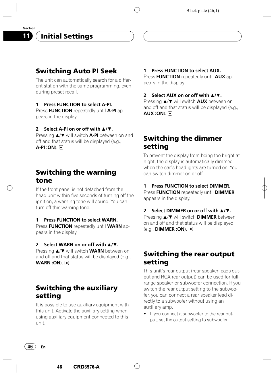 Switching auto pi seek 46, Switching the warning tone 46, Switching the auxiliary setting 46 | Switching the dimmer setting 46, Switching the rear output setting 46, Switching auto pi seek, Switching the warning tone, Switching the auxiliary setting, Switching the dimmer setting, Switching the rear output setting | Pioneer FH-P4100R User Manual | Page 46 / 168