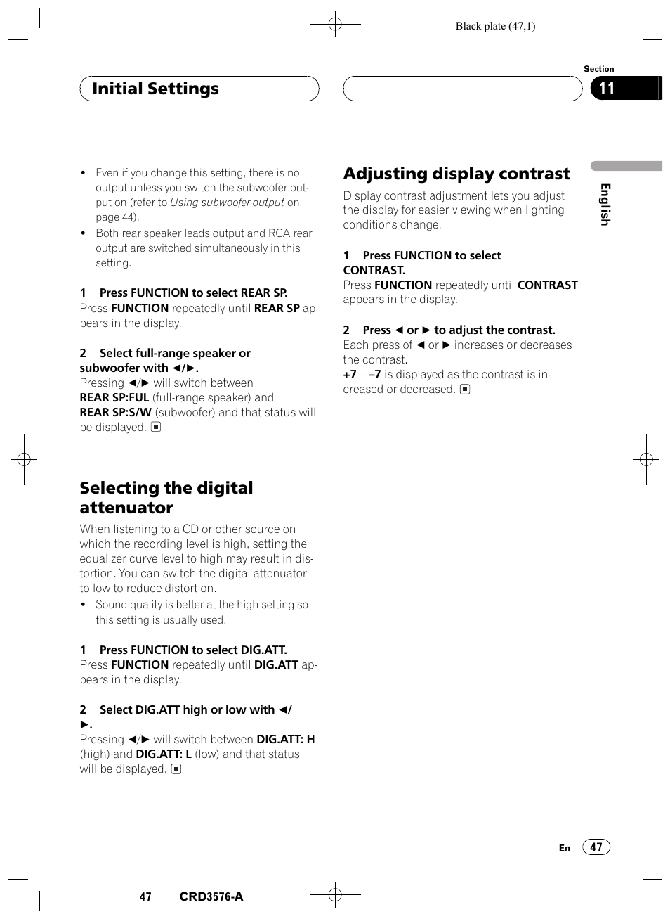 Selecting the digital attenuator 47, Adjusting display contrast 47, Selecting the digital attenuator | Adjusting display contrast, Initial settings 11 | Pioneer FH-P4100R User Manual | Page 47 / 168