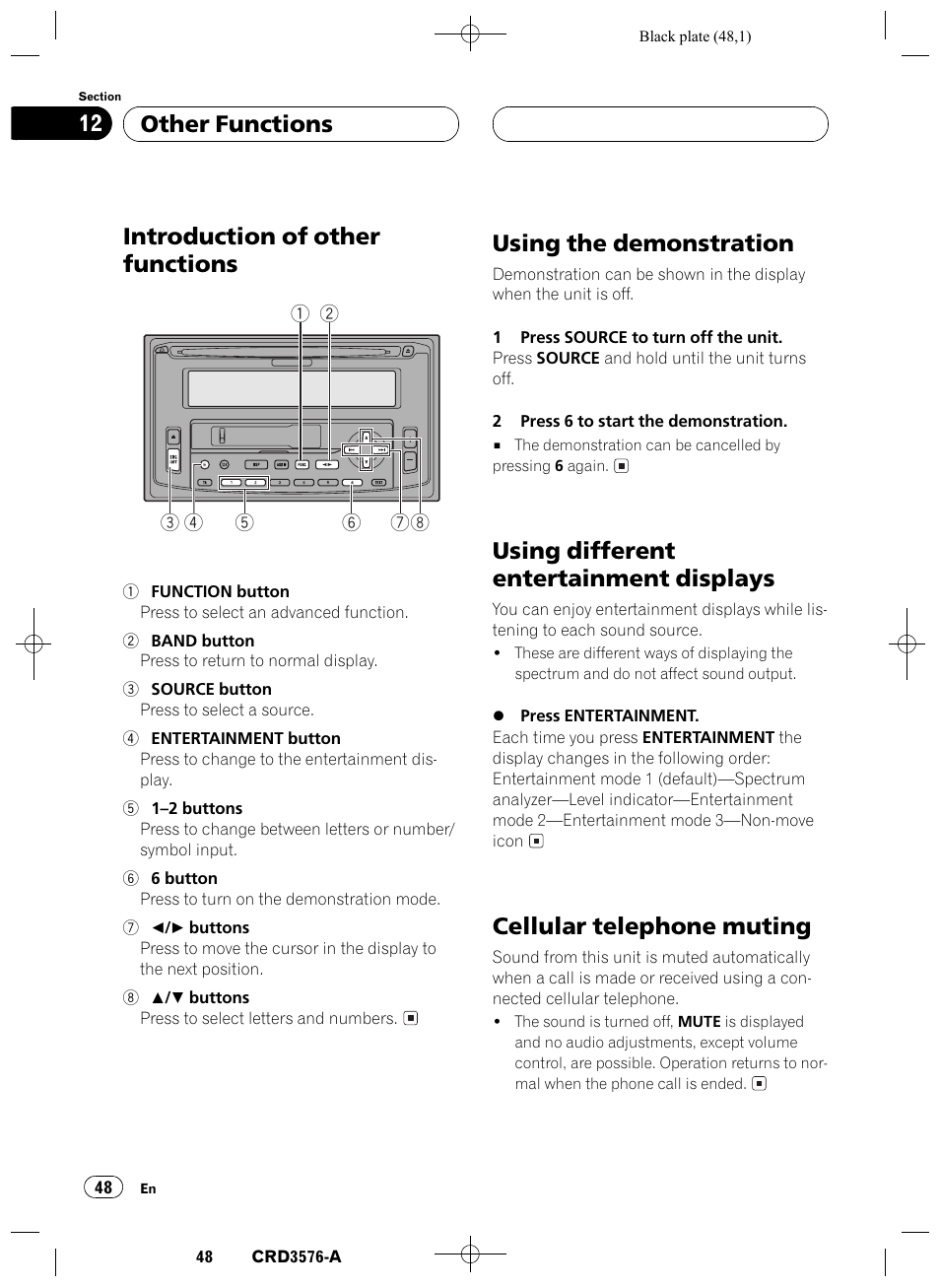 Other functions, Introduction of other functions 48, Using the demonstration 48 | Using different entertainment displays 48, Cellular telephone muting 48, Introduction of other functions, Using the demonstration, Using different entertainment displays, Cellular telephone muting, Other functions 12 | Pioneer FH-P4100R User Manual | Page 48 / 168