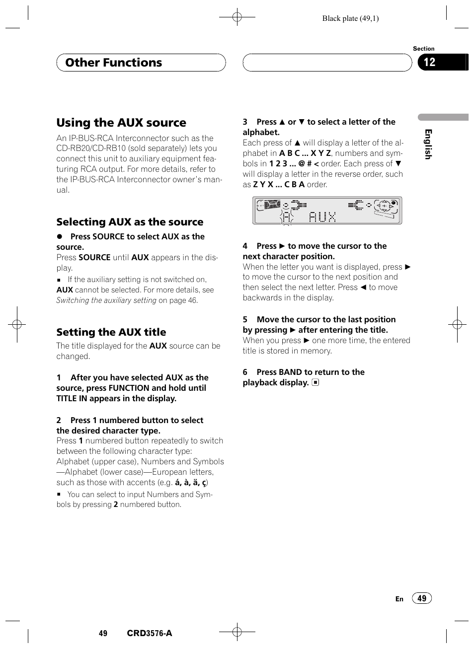 Using the aux source 49, Selecting aux as the source 49, Setting the aux title 49 | Using the aux source, Other functions 12, Selecting aux as the source, Setting the aux title | Pioneer FH-P4100R User Manual | Page 49 / 168