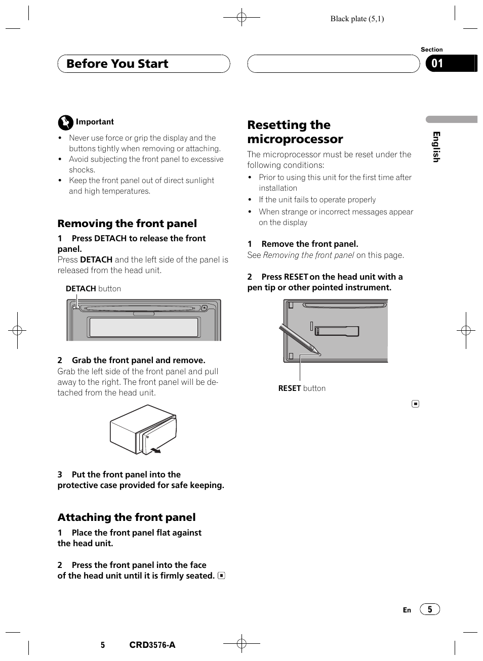 Removing the front panel 5, Attaching the front panel 5, Resetting the microprocessor 5 | Resetting the microprocessor, Before you start 01, Removing the front panel, Attaching the front panel | Pioneer FH-P4100R User Manual | Page 5 / 168