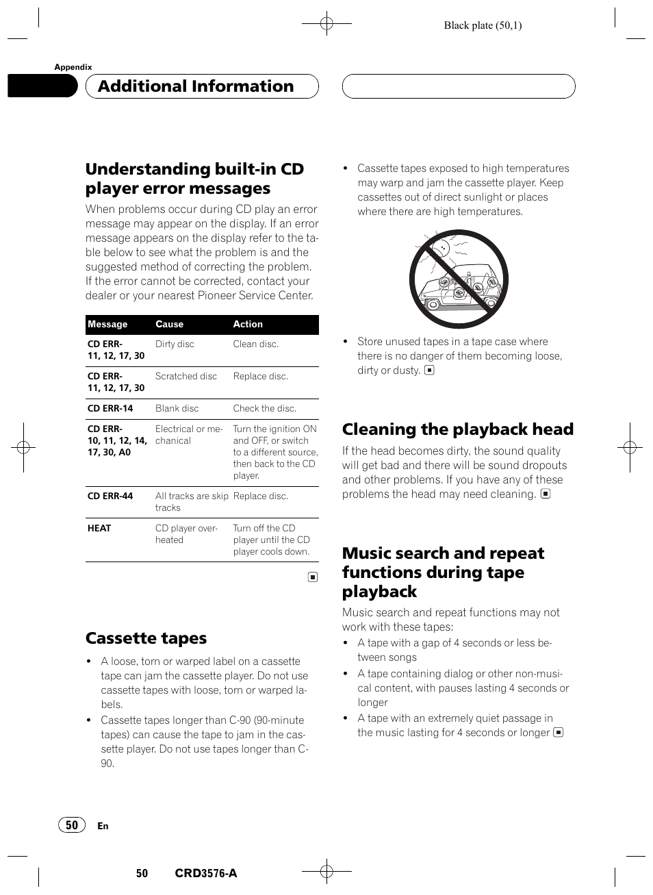 Understanding built-in cd player error, Messages 50, Cassette tapes 50 | Cleaning the playback head 50, Music search and repeat functions during, Tape playback 50, Understanding built-in cd player error messages, Cassette tapes, Cleaning the playback head, Additional information | Pioneer FH-P4100R User Manual | Page 50 / 168