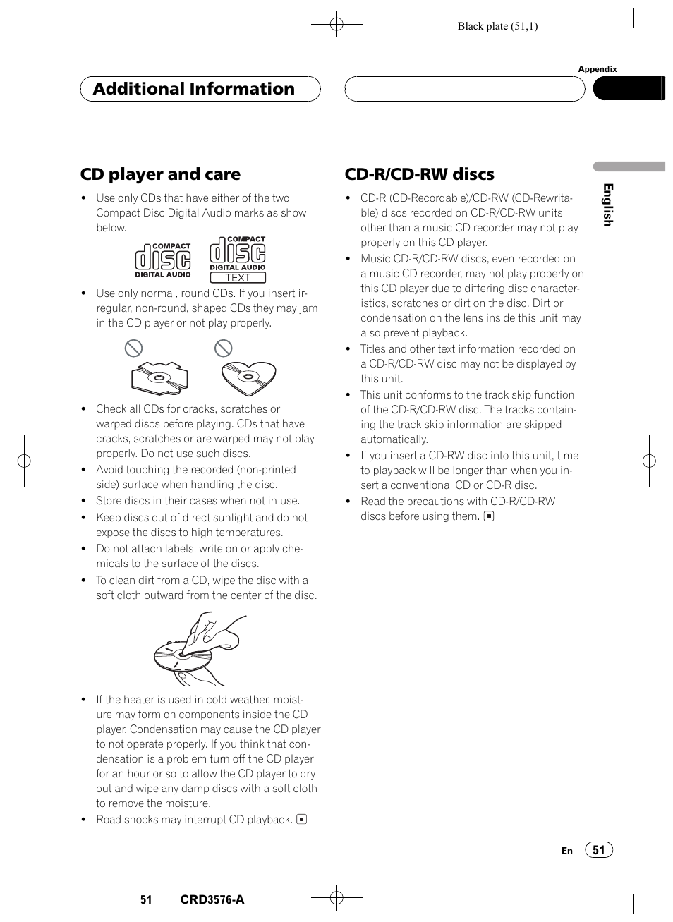 Cd player and care 51, Cd-r/cd-rw discs 51, Cd player and care | Cd-r/cd-rw discs, Additional information | Pioneer FH-P4100R User Manual | Page 51 / 168