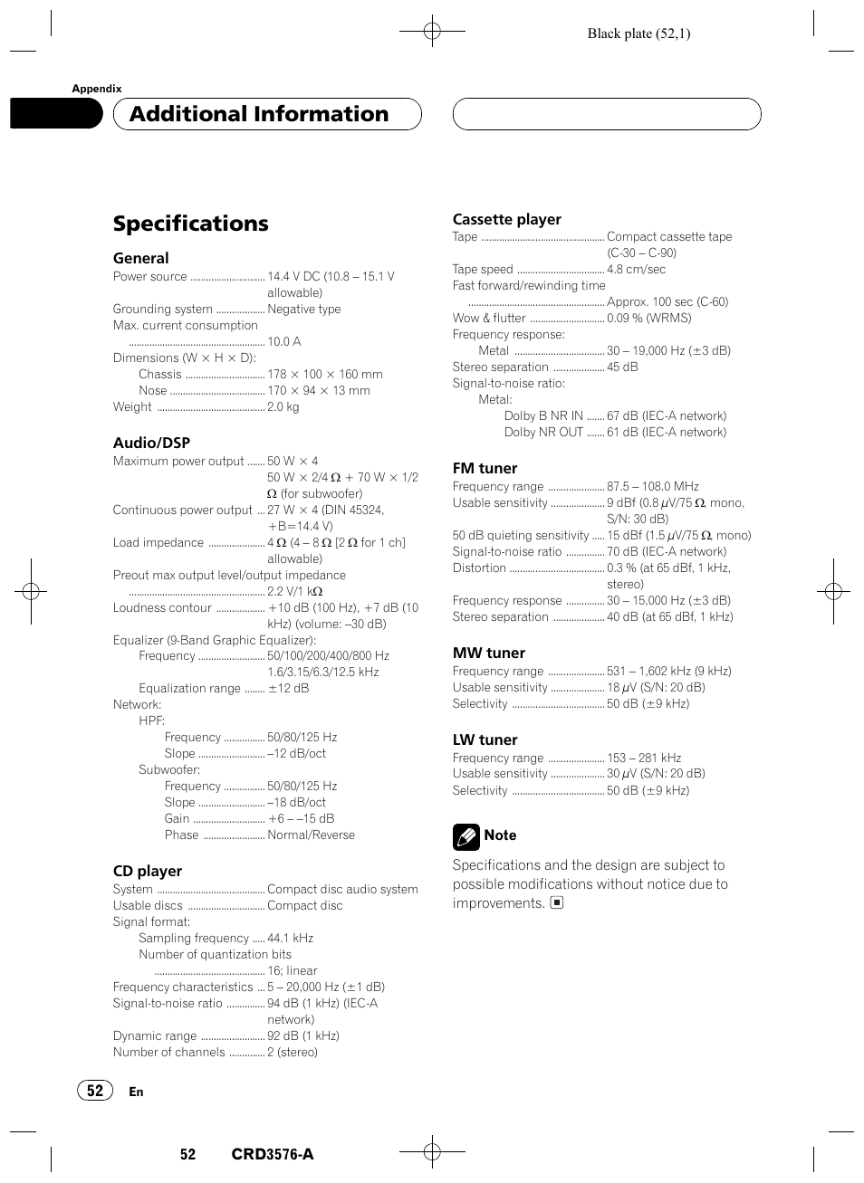 Specifications 52, Specifications, Additional information | Pioneer FH-P4100R User Manual | Page 52 / 168