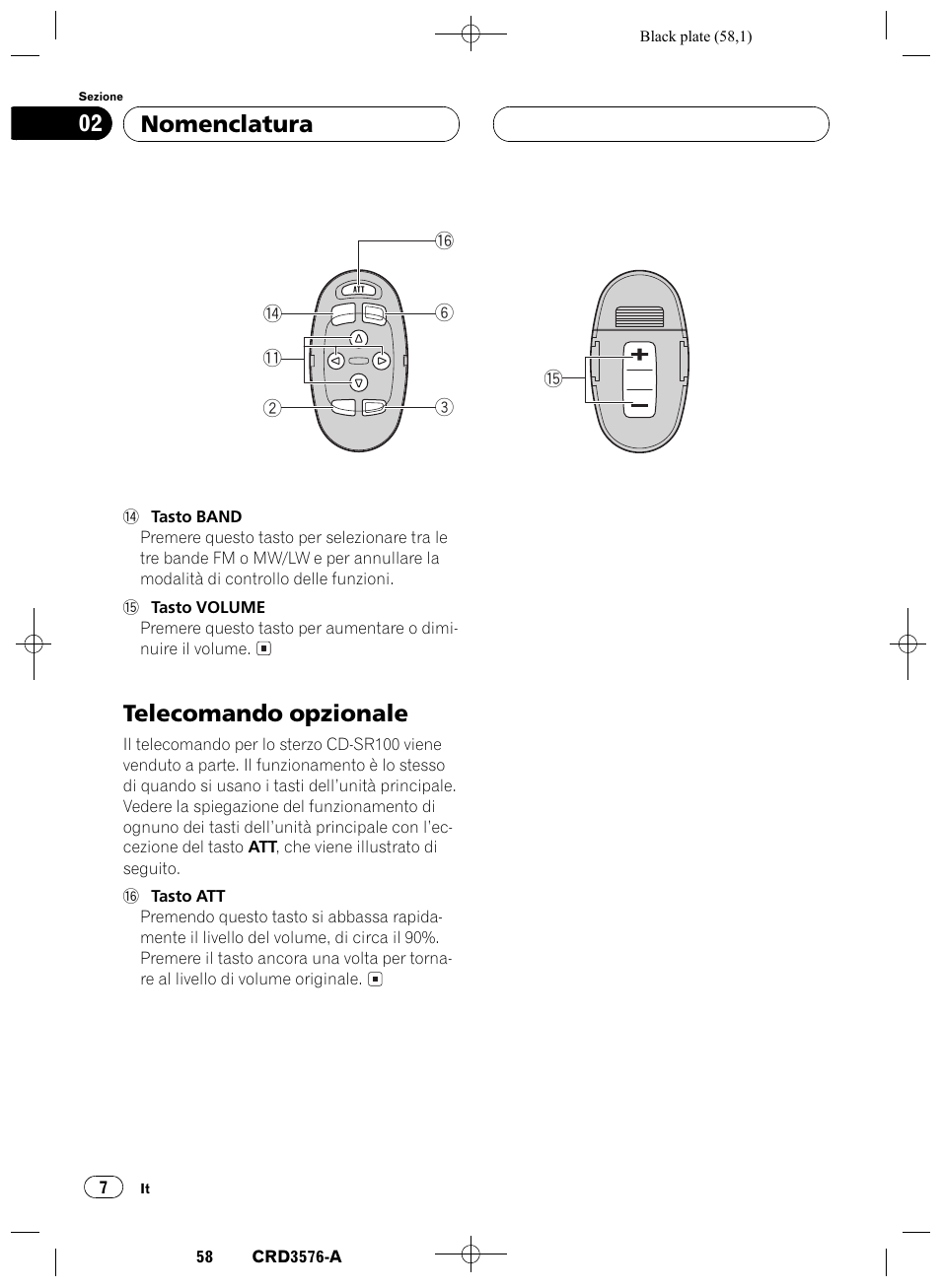 Telecomando opzionale 7, Telecomando opzionale, Nomenclatura 02 | Pioneer FH-P4100R User Manual | Page 58 / 168