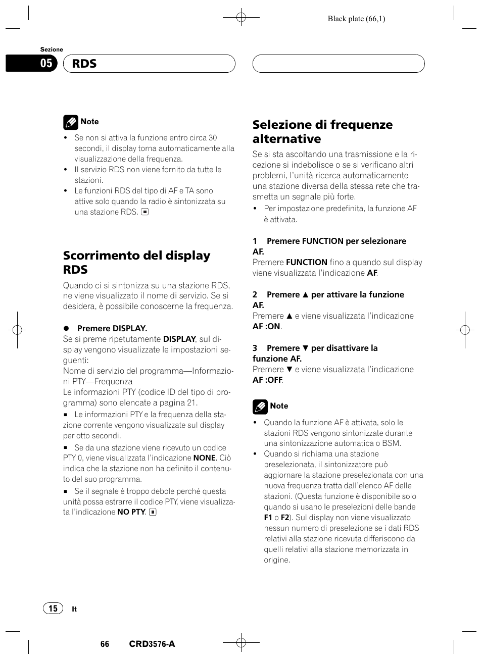 Scorrimento del display rds 15, Selezione di frequenze alternative 15, Scorrimento del display rds | Selezione di frequenze alternative, Rds 05 | Pioneer FH-P4100R User Manual | Page 66 / 168