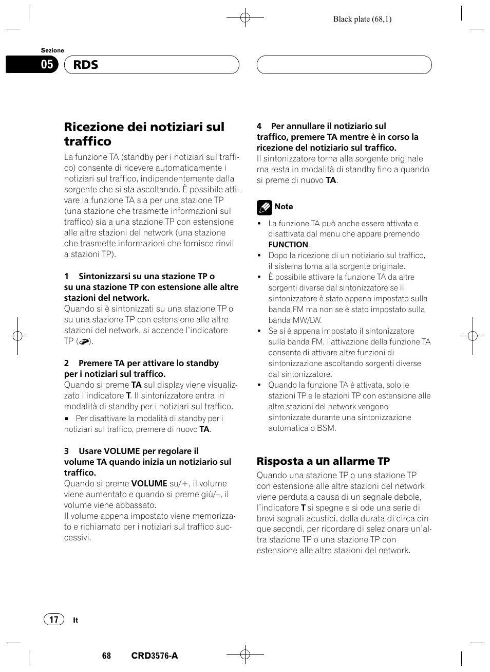 Ricezione dei notiziari sul traffico 17, Risposta a un allarme tp 17, Ricezione dei notiziari sul traffico | Rds 05, Risposta a un allarme tp | Pioneer FH-P4100R User Manual | Page 68 / 168