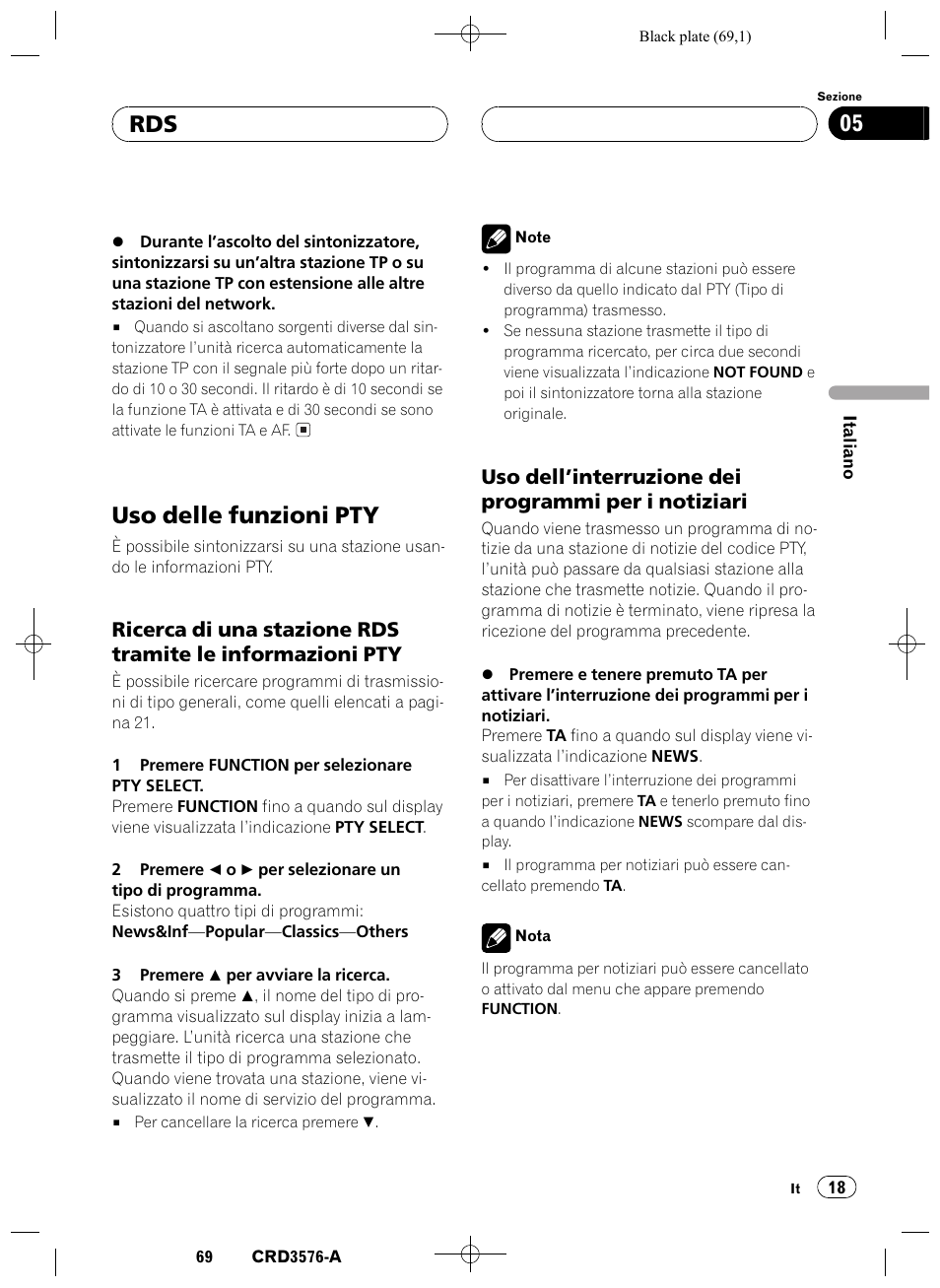 Uso delle funzioni pty 18, Ricerca di una stazione rds tramite le, Informazioni pty 18 | Uso dellinterruzione dei programmi per i, Notiziari 18, Uso delle funzioni pty, Rds 05 | Pioneer FH-P4100R User Manual | Page 69 / 168