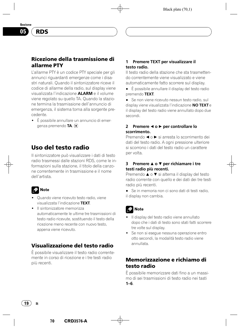 Ricezione della trasmissione di allarme, Pty 19, Uso del testo radio 19 | Visualizzazione del testo radio 19, Memorizzazione e richiamo di testo, Radio 19, Uso del testo radio, Rds 05, Ricezione della trasmissione di allarme pty, Visualizzazione del testo radio | Pioneer FH-P4100R User Manual | Page 70 / 168