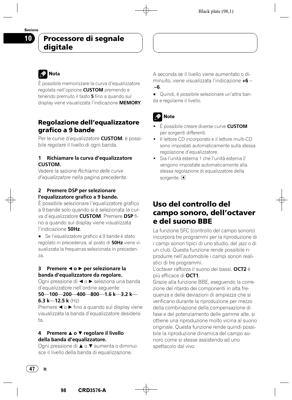 Regolazione dellequalizzatore grafico a, 9 bande 47, Uso del controllo del campo sonoro, delloctaver | E del suono bbe 47, Processore di segnale digitale 10, Regolazione dellequalizzatore grafico a 9 bande | Pioneer FH-P4100R User Manual | Page 98 / 168