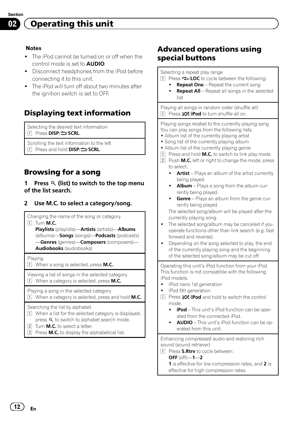 02 operating this unit, Displaying text information, Browsing for a song | Advanced operations using special buttons | Pioneer DEH-9300SD User Manual | Page 12 / 28