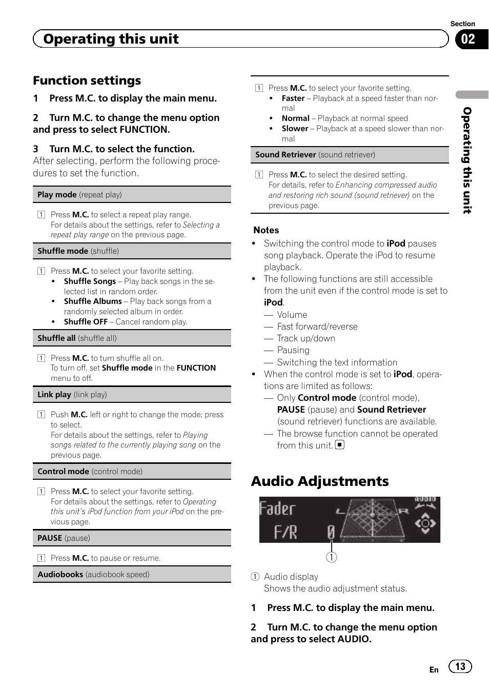 Audio adjustments, Function settings, Operating this unit | Pioneer DEH-9300SD User Manual | Page 13 / 28