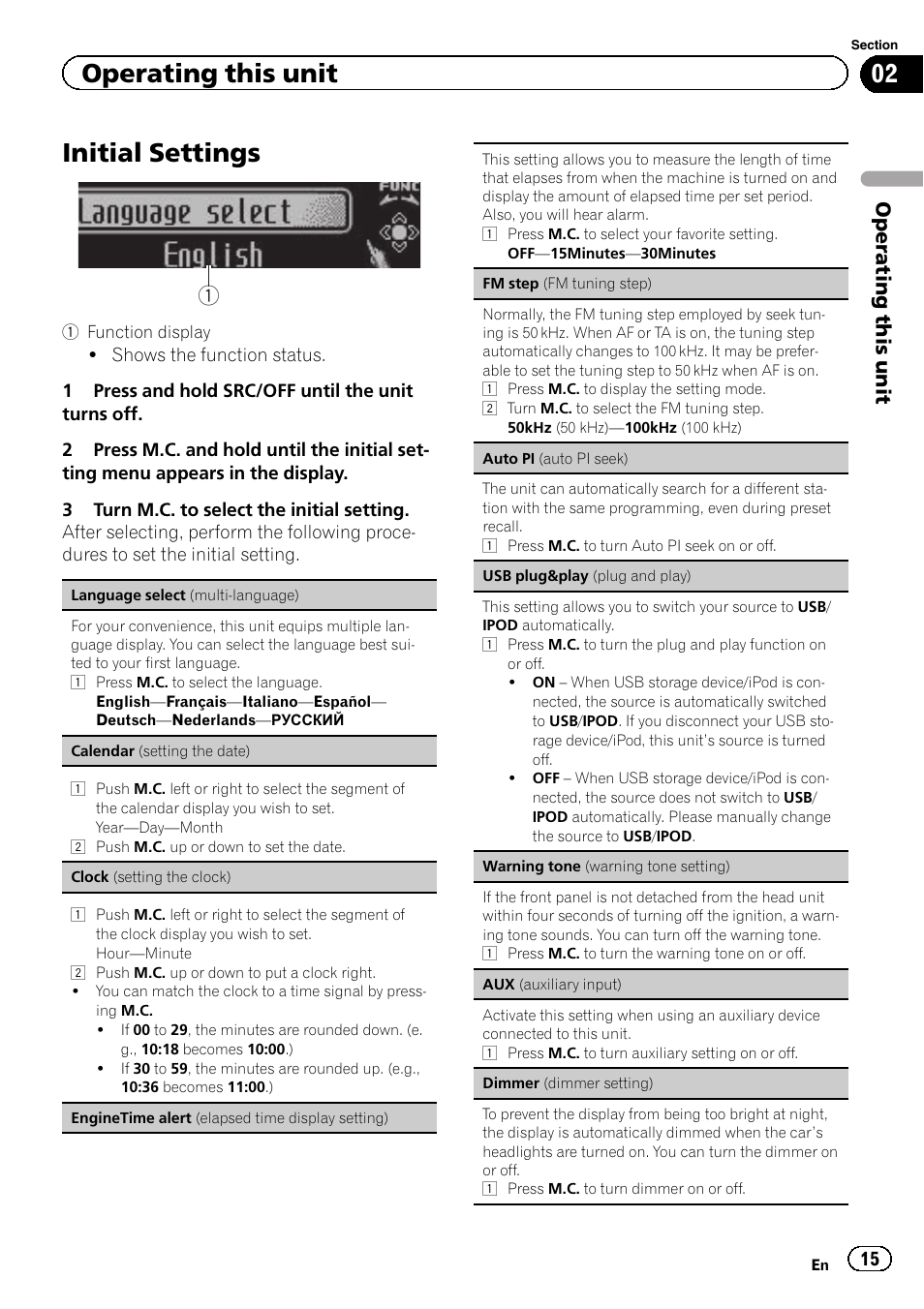 Initial settings, Operating this unit | Pioneer DEH-9300SD User Manual | Page 15 / 28