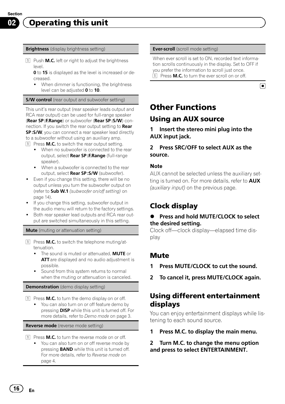 Other functions, 02 operating this unit, Using an aux source | Clock display, Mute, Using different entertainment displays | Pioneer DEH-9300SD User Manual | Page 16 / 28