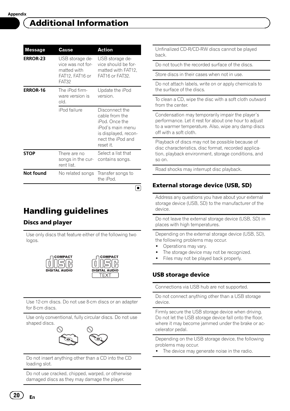 Handling guidelines, Additional information | Pioneer DEH-9300SD User Manual | Page 20 / 28