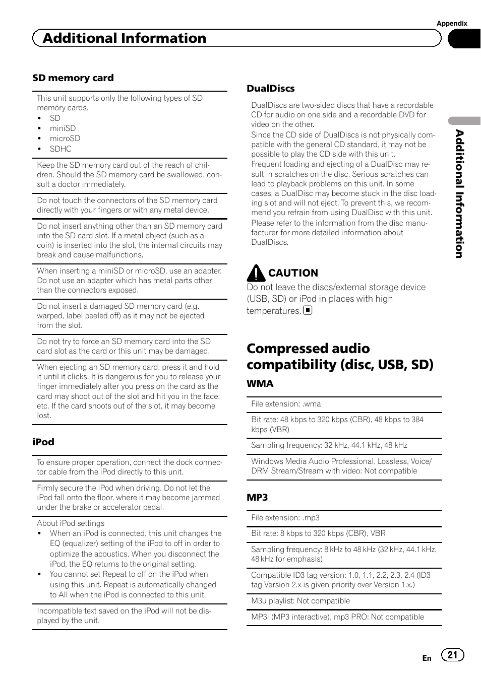 Compressed audio compatibility (disc, usb, Compressed audio compatibility (disc, usb, sd), Additional information | Pioneer DEH-9300SD User Manual | Page 21 / 28