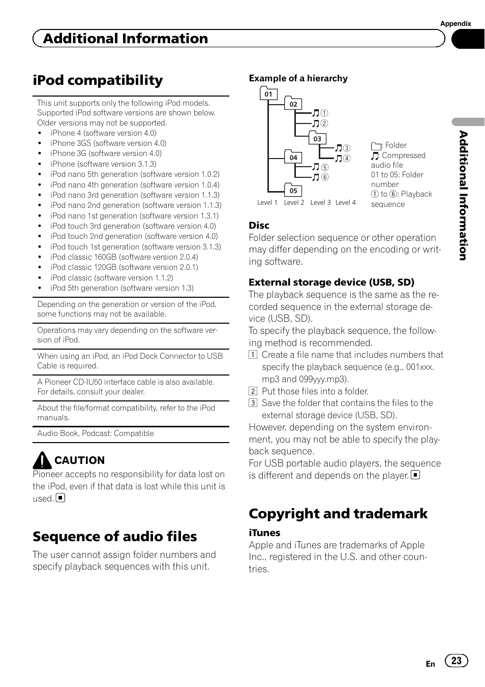 Ipod compatibility, Sequence of audio files, Copyright and trademark | Additional information | Pioneer DEH-9300SD User Manual | Page 23 / 28