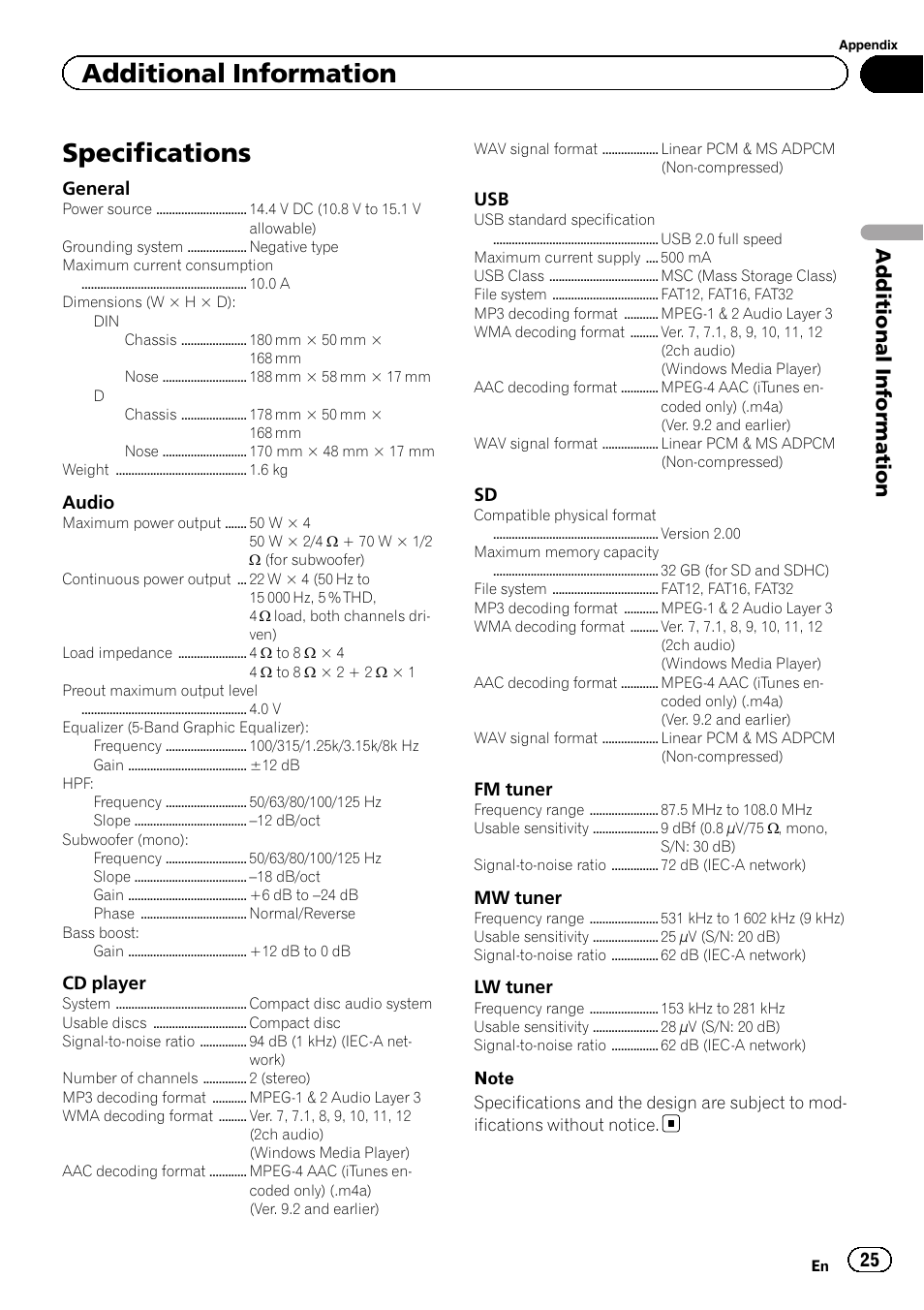 Specifications, Additional information | Pioneer DEH-9300SD User Manual | Page 25 / 28
