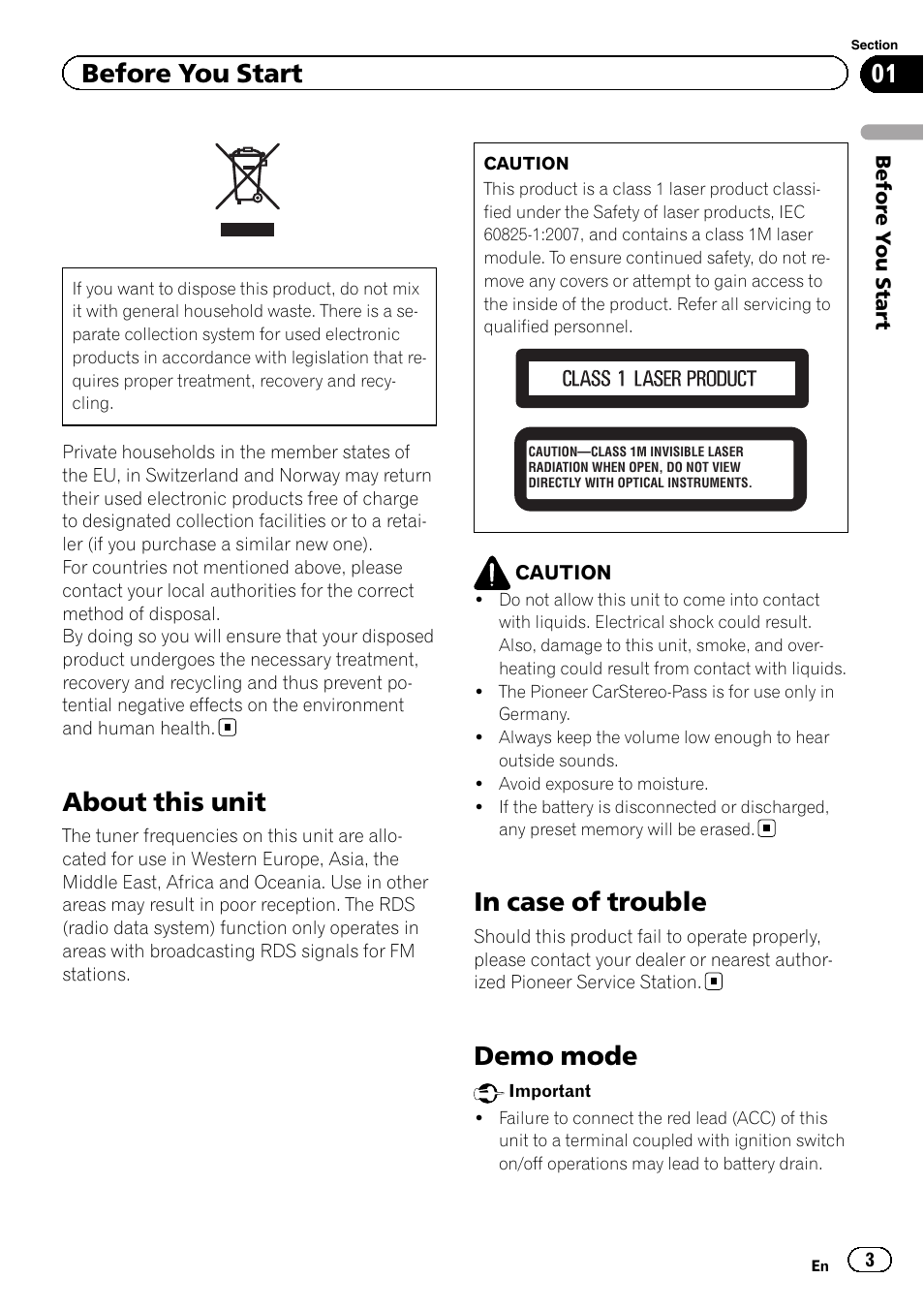 Before you start, About this unit, In case of trouble | Demo mode | Pioneer DEH-9300SD User Manual | Page 3 / 28