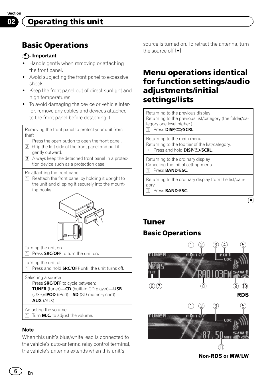 Basic operations, Menu operations identical for function, Settings/audio adjustments/initial settings/ lists | Tuner, 02 operating this unit, B1 2 5 3 | Pioneer DEH-9300SD User Manual | Page 6 / 28