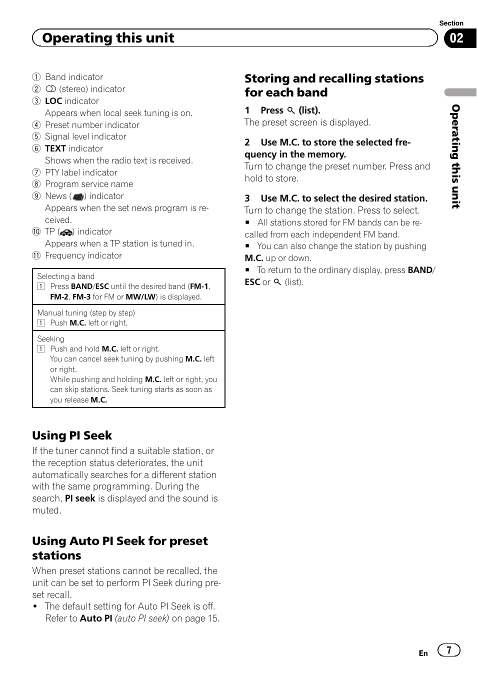 Operating this unit, Using pi seek, Using auto pi seek for preset stations | Storing and recalling stations for each band | Pioneer DEH-9300SD User Manual | Page 7 / 28