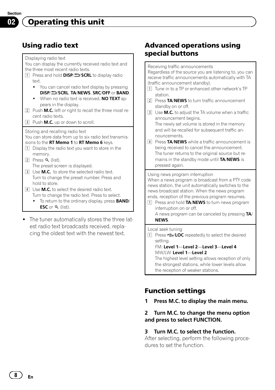 02 operating this unit, Using radio text, Advanced operations using special buttons | Function settings | Pioneer DEH-9300SD User Manual | Page 8 / 28