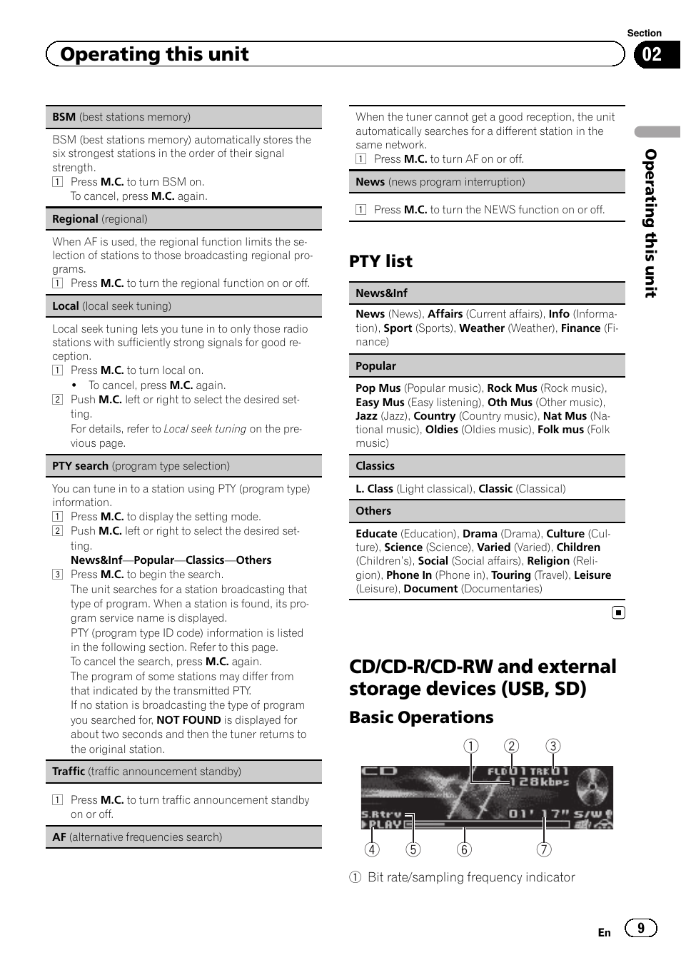 Cd/cd-r/cd-rw and external storage, Devices (usb, sd), Pty list | Basic operations, Operating this unit | Pioneer DEH-9300SD User Manual | Page 9 / 28