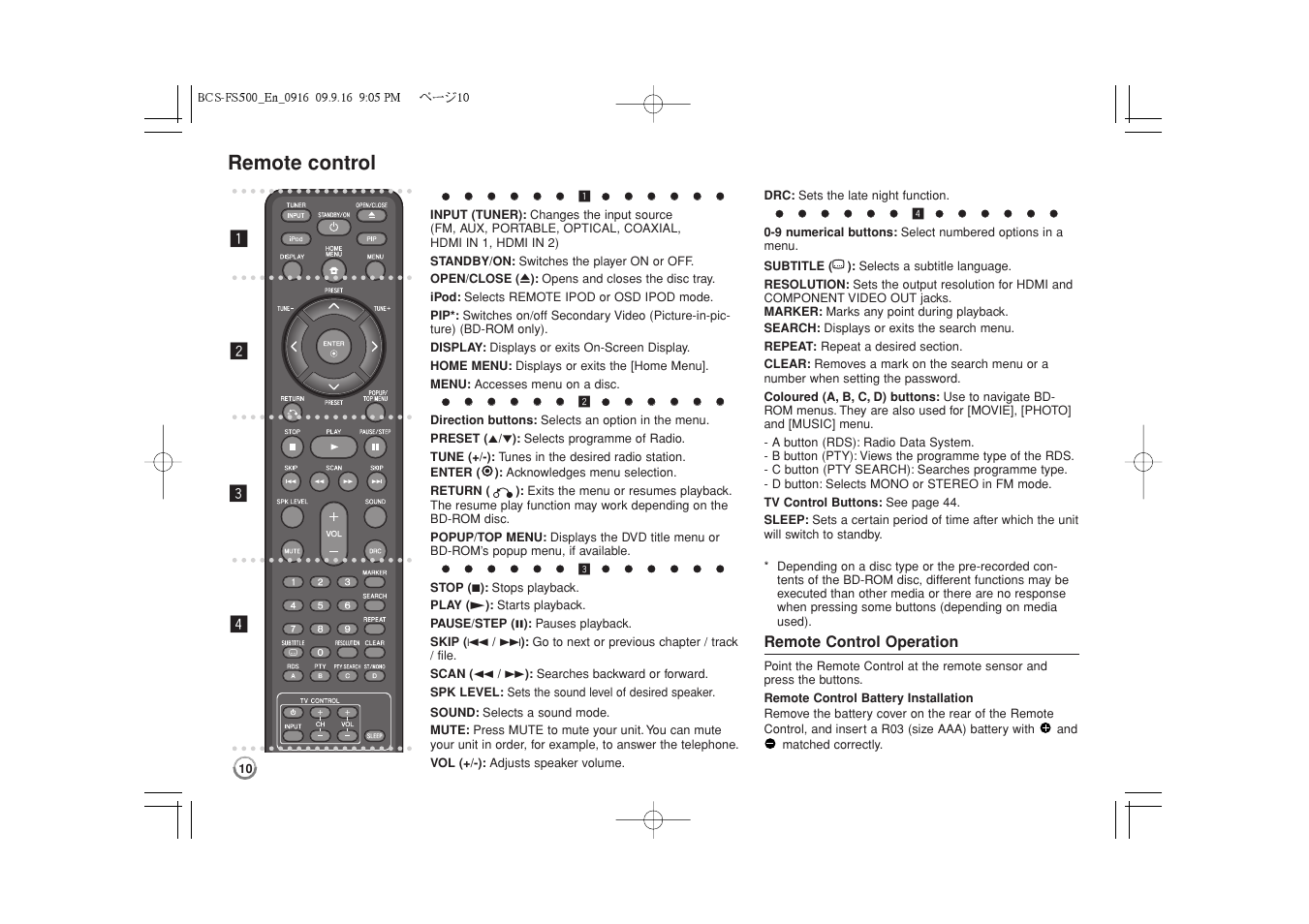 Remote control | Pioneer BCS-FS500 User Manual | Page 10 / 304