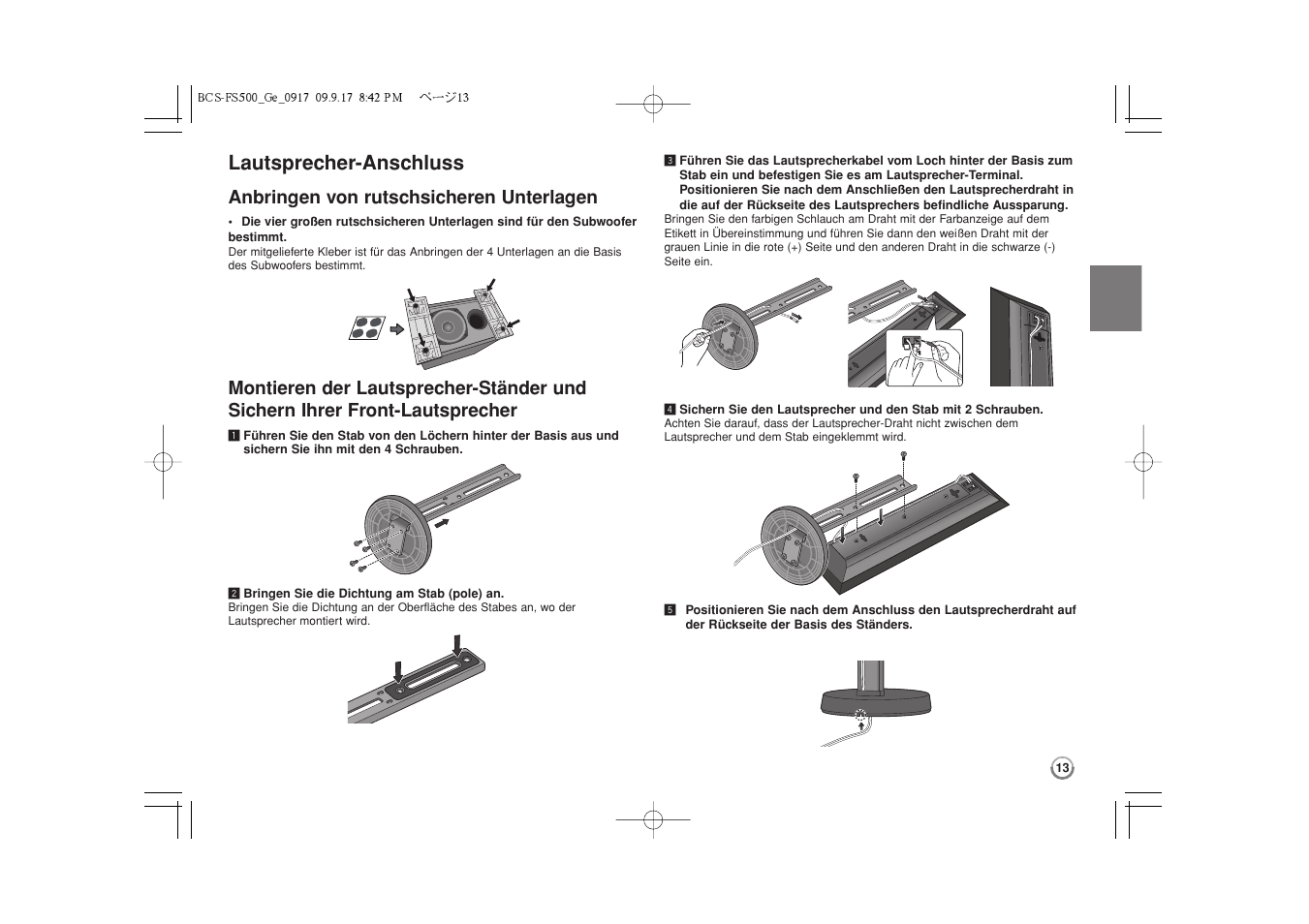 Lautsprecher-anschluss -15, Lautsprecher-anschluss, Anbringen von rutschsicheren unterlagen | Pioneer BCS-FS500 User Manual | Page 109 / 304