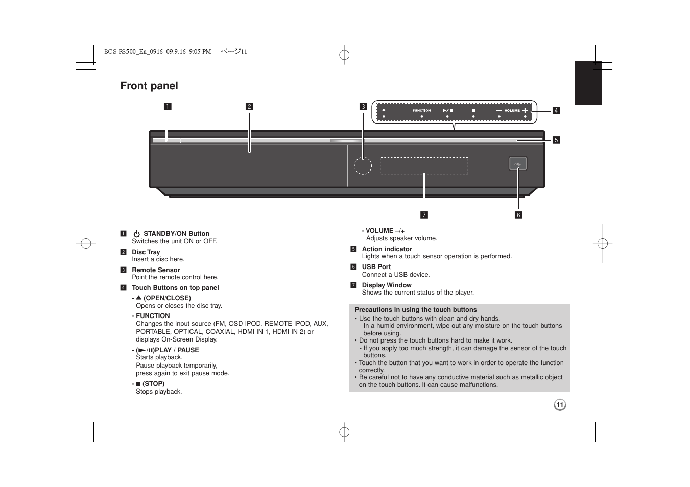 Front panel | Pioneer BCS-FS500 User Manual | Page 11 / 304