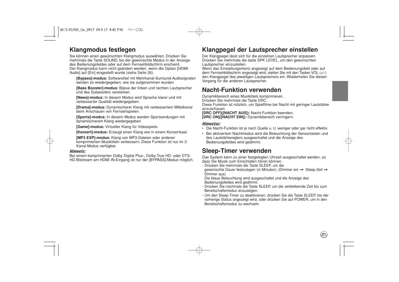 Klangmodus festlegen, Klangpegel der lautsprecher einstellen, Nacht-funktion verwenden | Sleep-timer verwenden | Pioneer BCS-FS500 User Manual | Page 117 / 304