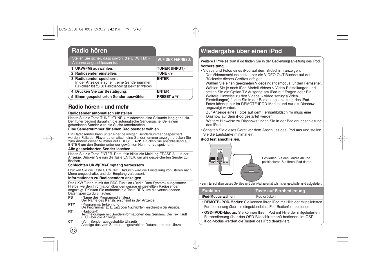 Radio hören, Wiedergabe über einen ipod -41, Wiedergabe über einen ipod | Radio hören - und mehr | Pioneer BCS-FS500 User Manual | Page 136 / 304