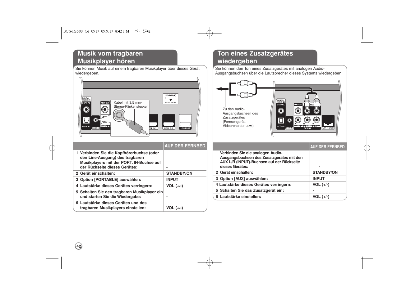 Musik vom tragbaren musikplayer hören, Ton eines zusatzgerätes wiedergeben | Pioneer BCS-FS500 User Manual | Page 138 / 304