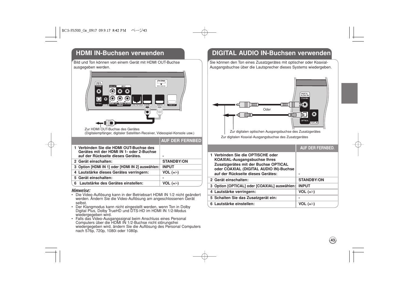 Hdmi in-buchsen verwenden, Digital audio in-buchsen verwenden | Pioneer BCS-FS500 User Manual | Page 139 / 304