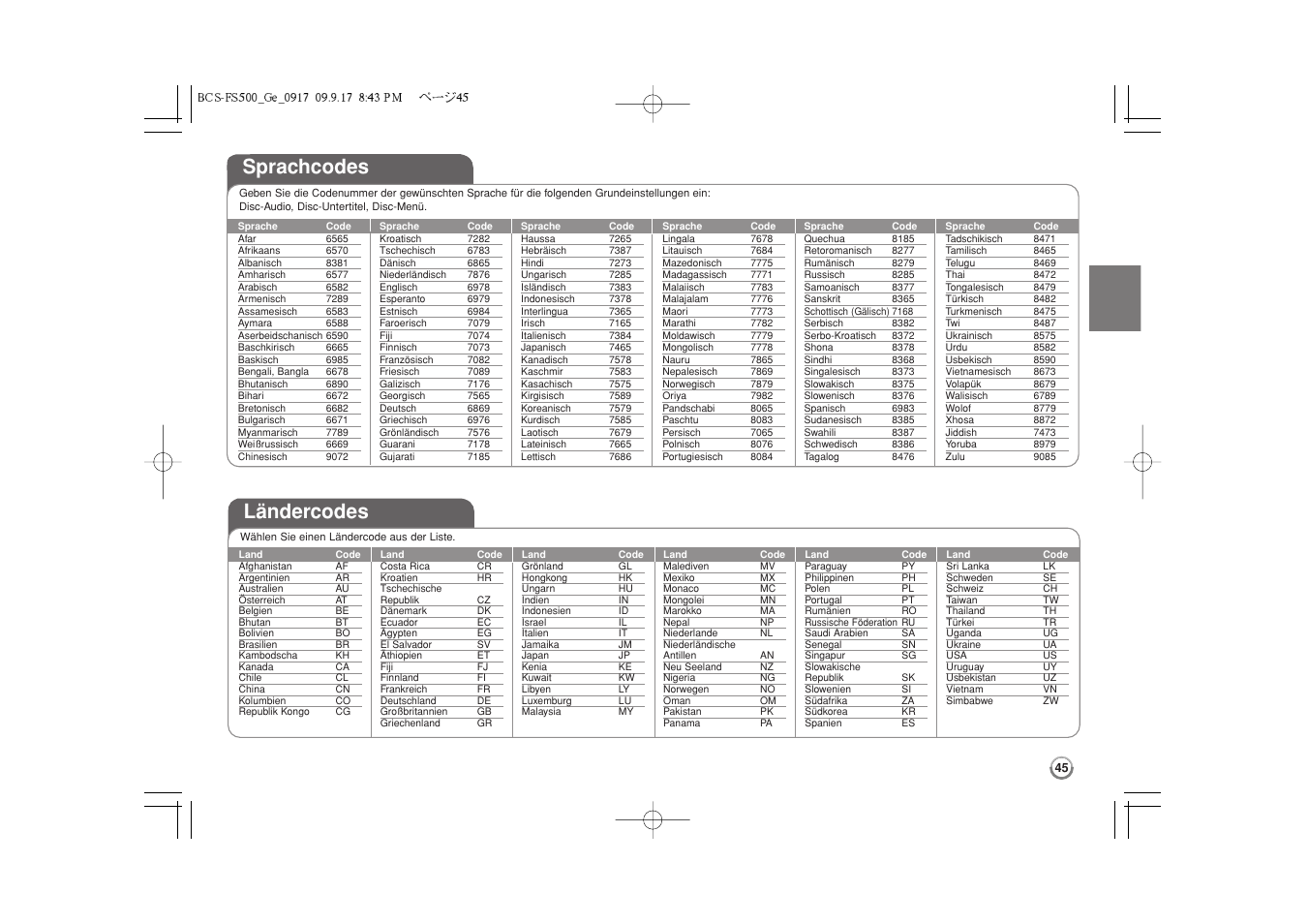 Sprachcodes, Ländercodes | Pioneer BCS-FS500 User Manual | Page 141 / 304