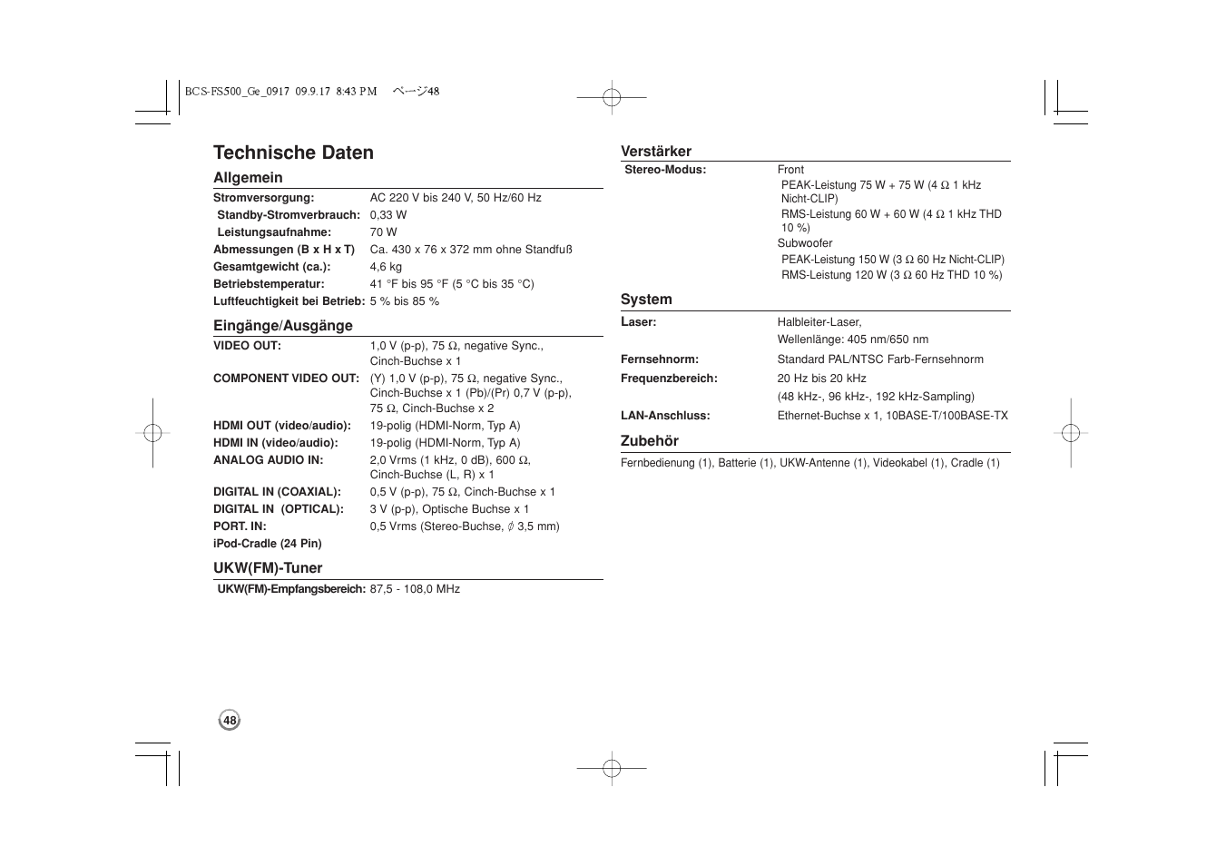 Technische daten | Pioneer BCS-FS500 User Manual | Page 144 / 304