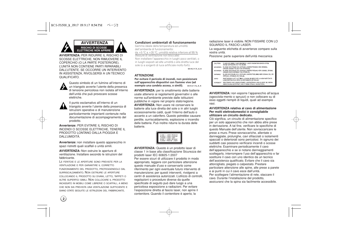 Avvertenza | Pioneer BCS-FS500 User Manual | Page 146 / 304