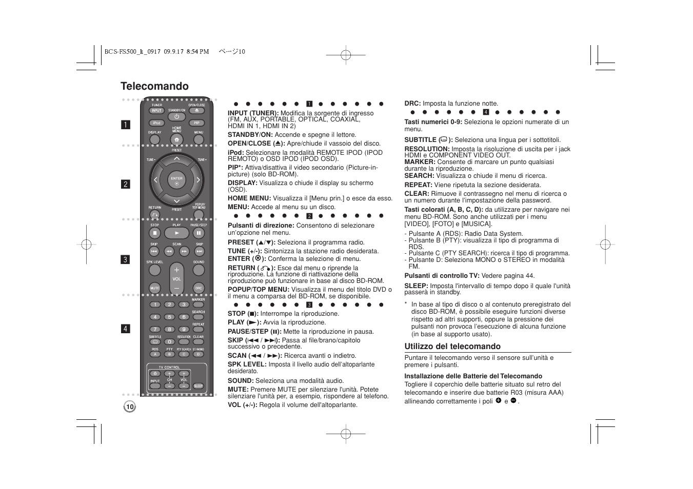Telecomando | Pioneer BCS-FS500 User Manual | Page 154 / 304