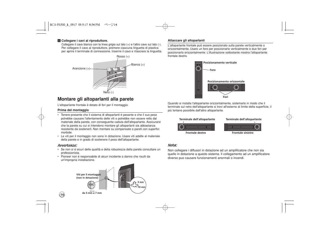Montare gli altoparlanti alla parete | Pioneer BCS-FS500 User Manual | Page 158 / 304