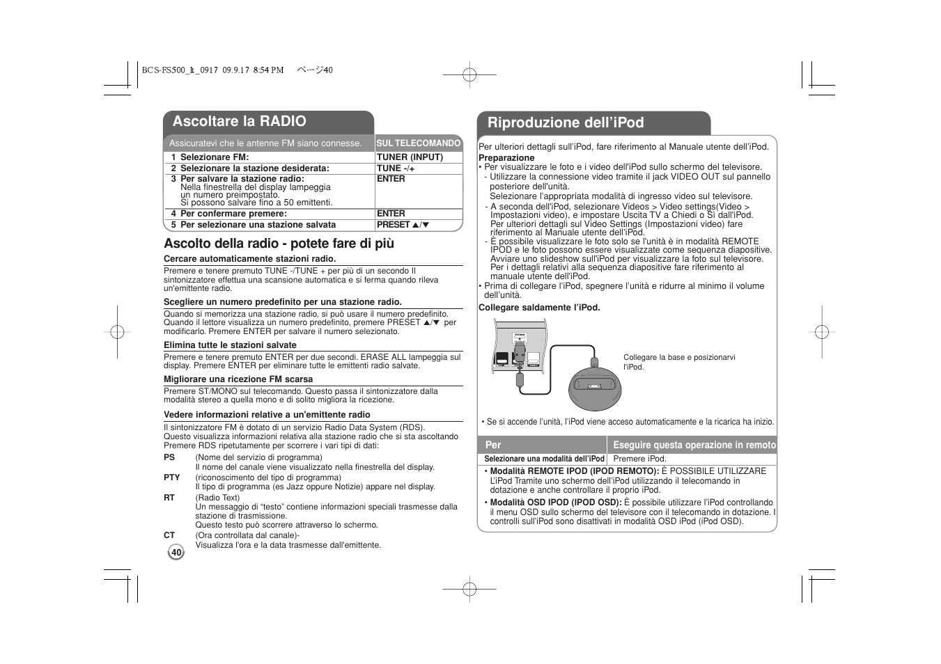 Ascoltare la radio, Riproduzione dell’ipod -41, Riproduzione dell’ipod | Ascolto della radio - potete fare di più | Pioneer BCS-FS500 User Manual | Page 184 / 304