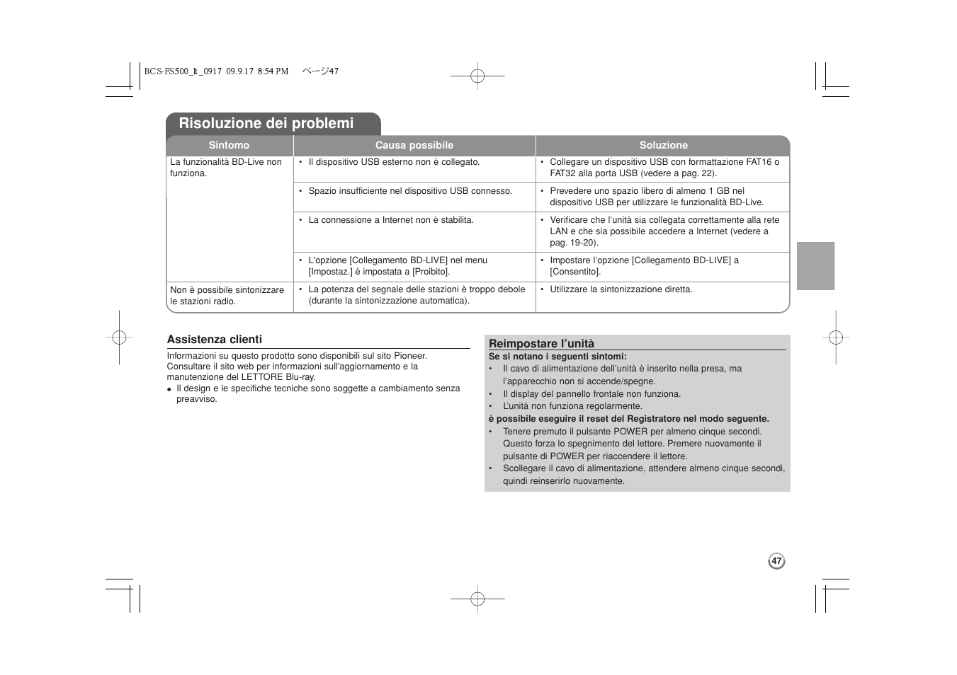 Risoluzione dei problemi | Pioneer BCS-FS500 User Manual | Page 191 / 304