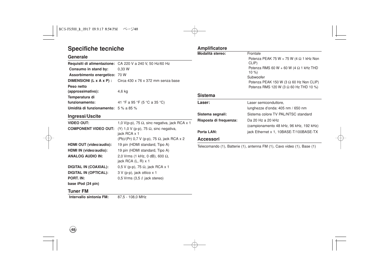 Specifiche tecniche | Pioneer BCS-FS500 User Manual | Page 192 / 304