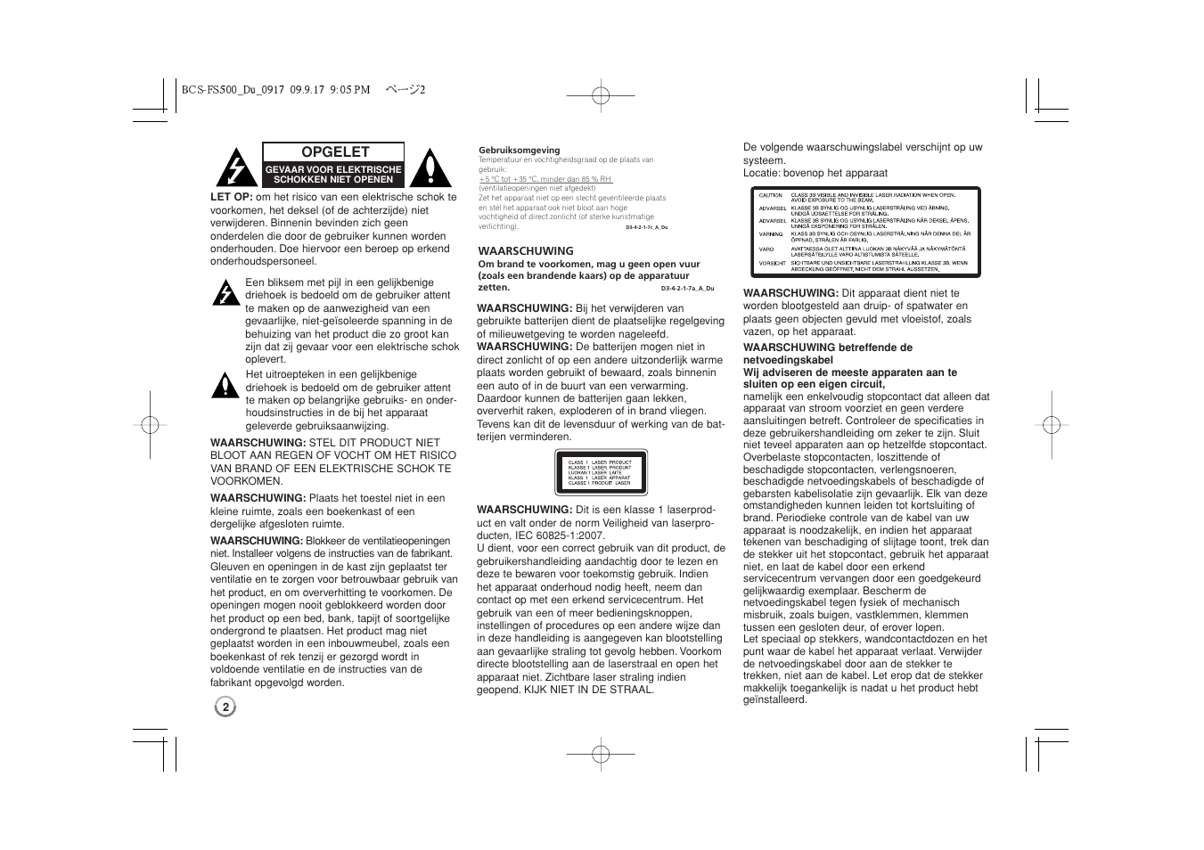 Opgelet | Pioneer BCS-FS500 User Manual | Page 194 / 304