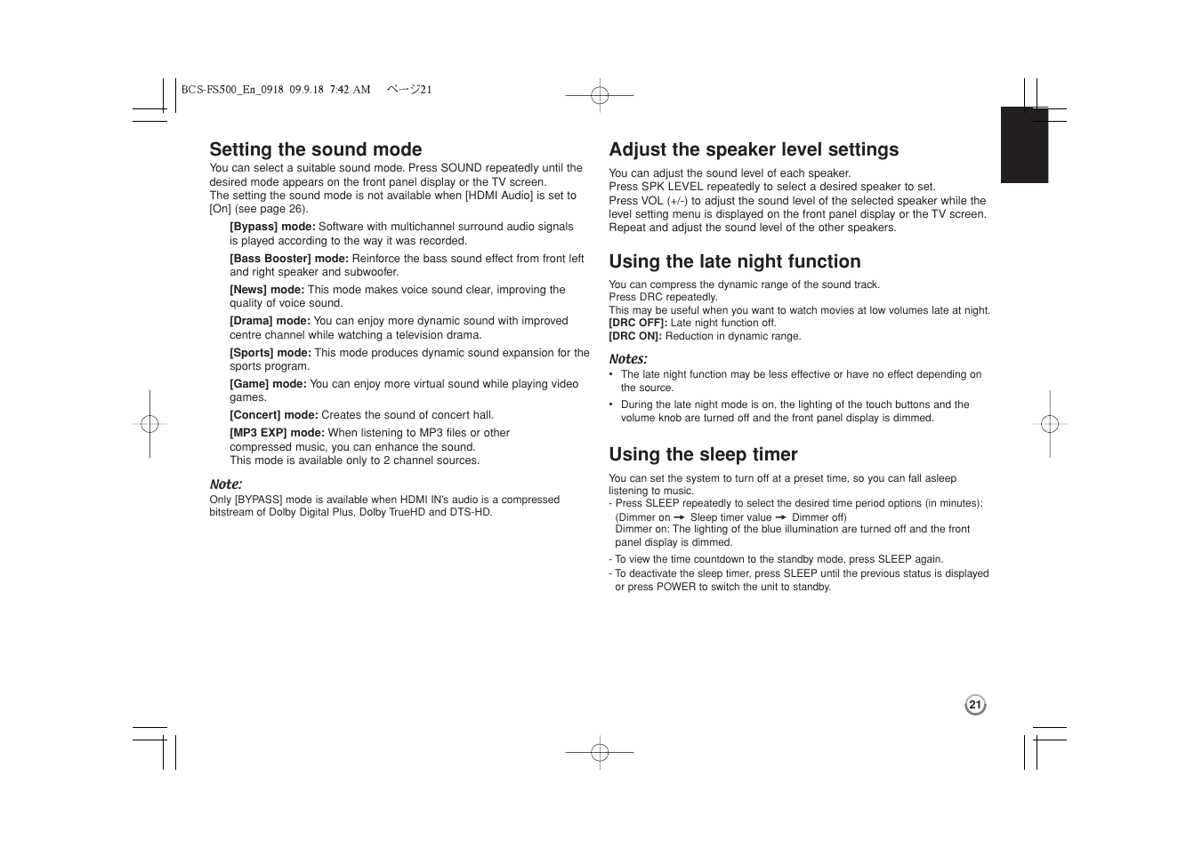 Setting the sound mode, Adjust the speaker level settings, Using the late night function | Using the sleep timer | Pioneer BCS-FS500 User Manual | Page 21 / 304